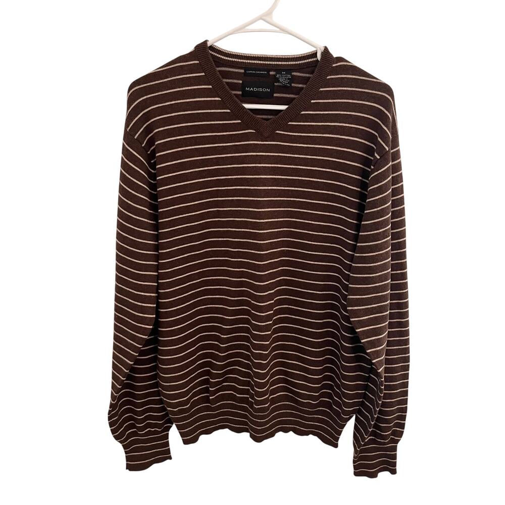 Madison Sweater Mens Medium Brown Cashmere Blend Striped Preppy Pullover Office